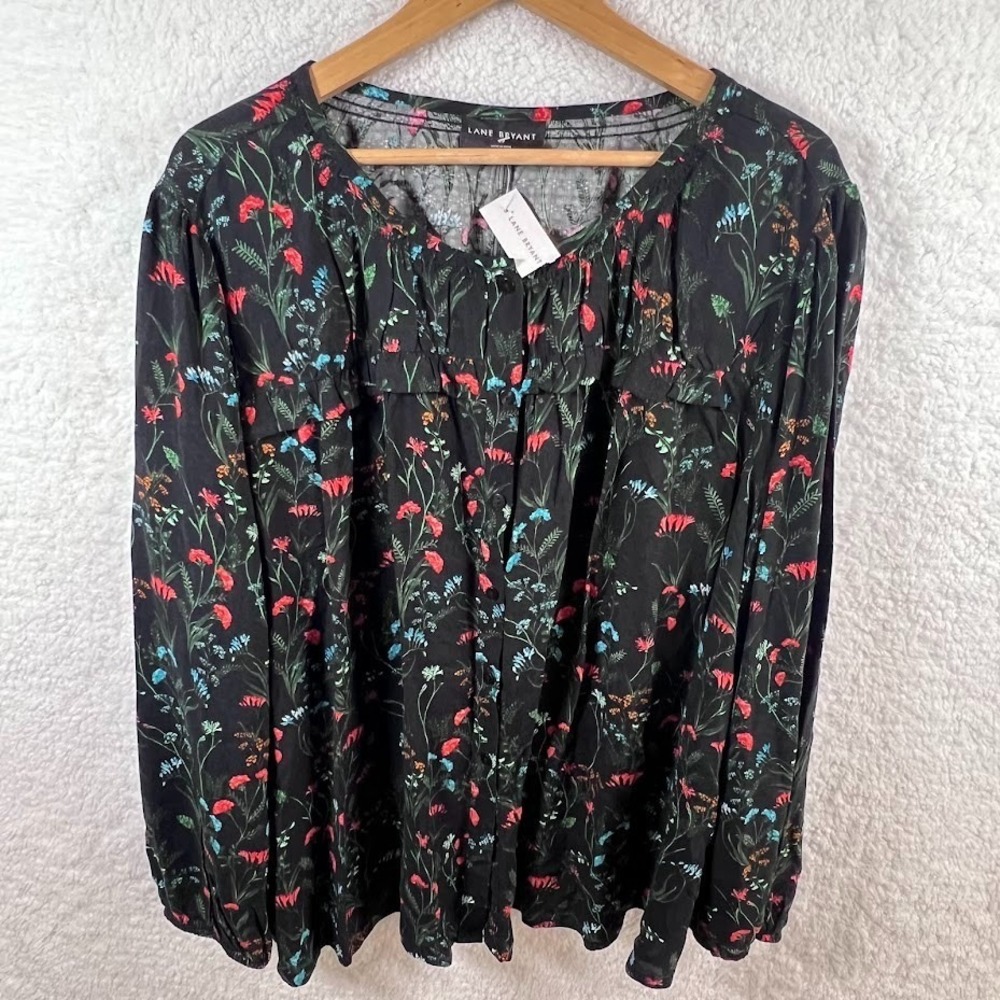 Lane‎ Bryant 26/28 Black Floral Viscose Blouse Sheer Long Sleeve Ruffle Front
